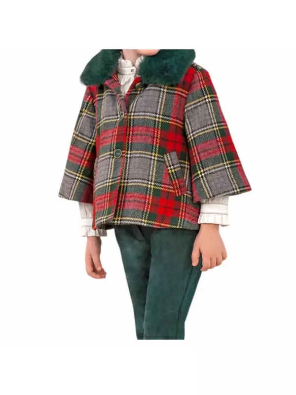 Пальто для девочек в клетку с воротником из искусственного меха красного и бутылочно-зеленого цвета Abel & Lula