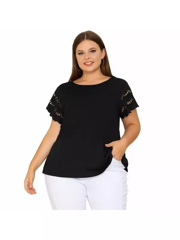 Женская летняя элегантная рабочая блузка с короткими рукавами и кружевной вставкой больших размеров Agnes Orinda, цвет White Dark Green