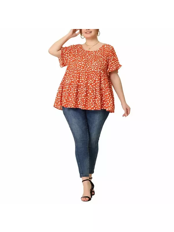 Женские блузки больших размеров в горошек с круглым вырезом, рукавами 3/4 с рюшами, многоуровневые топы с баской Agnes Orinda, белый