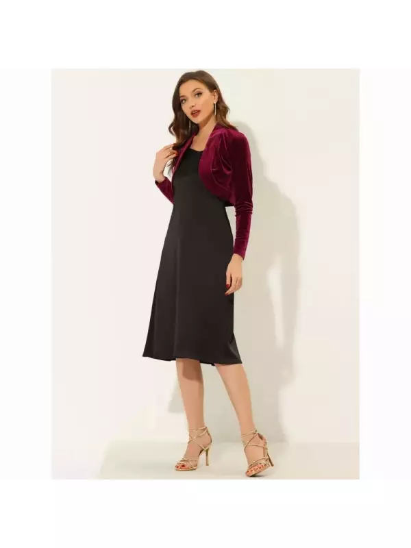 Женское бархатное укороченное болеро с длинными рукавами и открытым передом ALLEGRA K, темно-синий