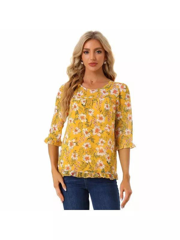 Женская повседневная шифоновая блузка с рюшами и рукавами 3/4 с цветочным принтом ALLEGRA K, желтый