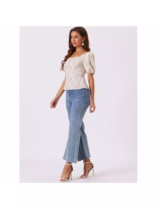 Женская крестьянская блузка с квадратным вырезом и цветочным принтом, топ ALLEGRA K, синий