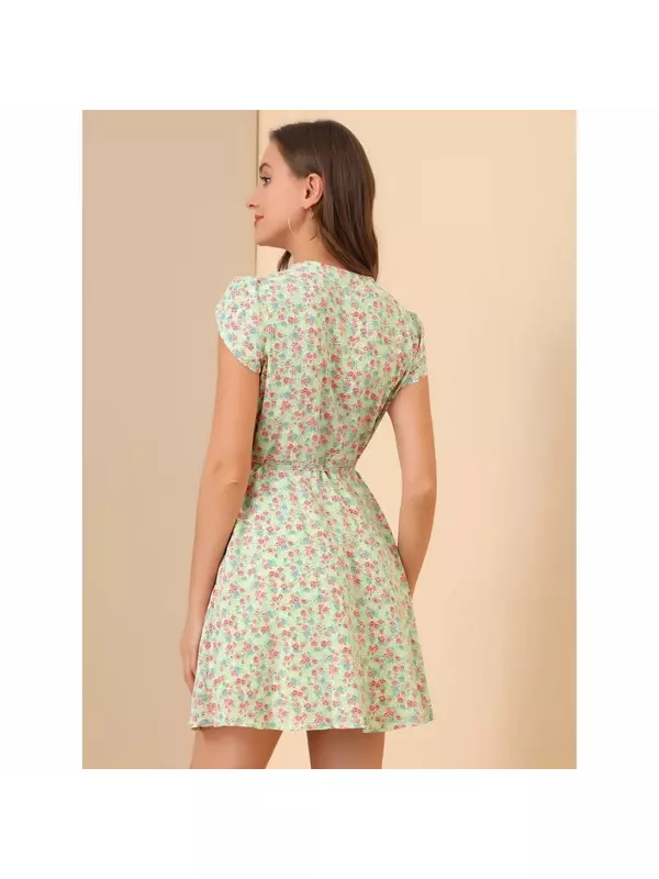 Женское платье с поясом и V-образным вырезом, рукавами-лепестками и цветочным принтом ALLEGRA K, черный