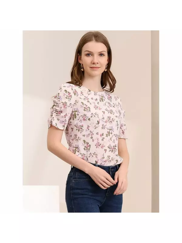 Женская блузка с цветочным принтом, повседневный топ с круглым вырезом и короткими рукавами ALLEGRA K, цвет Pink Floral
