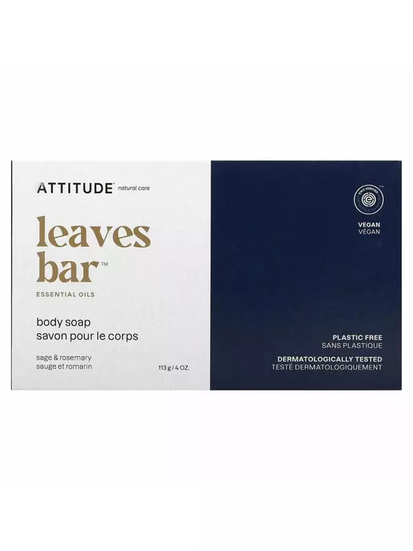 ATTITUDE, Leaves Bar, мыло для тела, шалфей и розмарин, 113 г (4 унции)