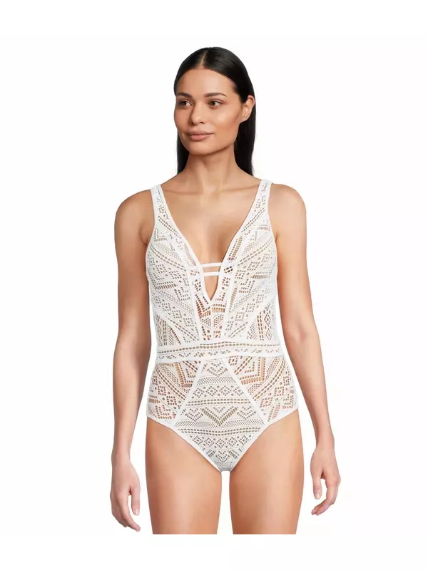 Купальник BECCA Color Play Crochet Plunge One Piece, White 1