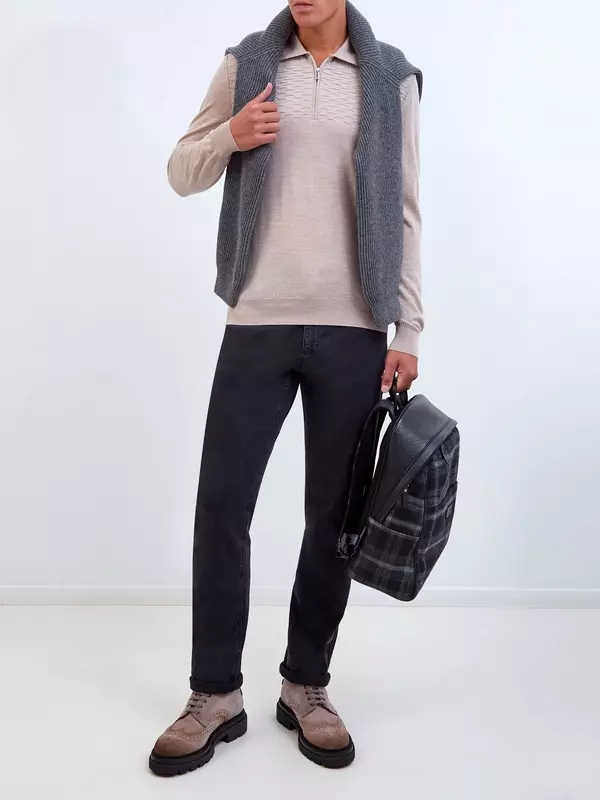 Однотонный джемпер-поло из шерсти и шелка с узором в тон