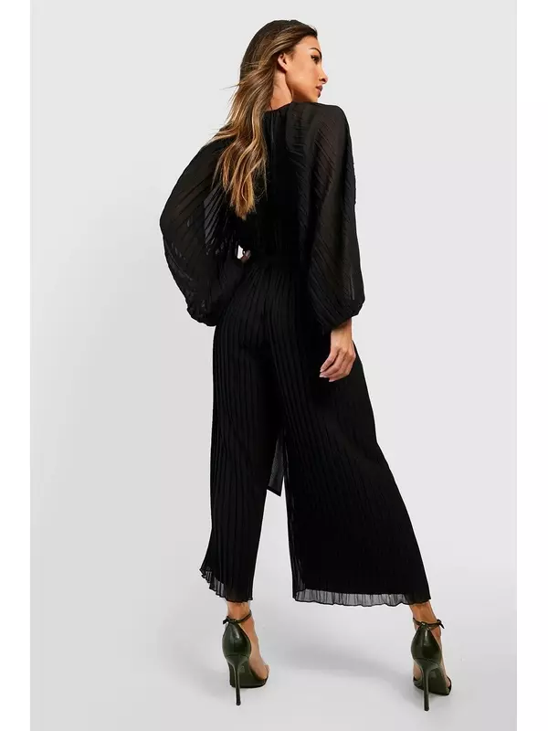 Плиссированный комбинезон-кюлот с длинными рукавами Boohoo, черный