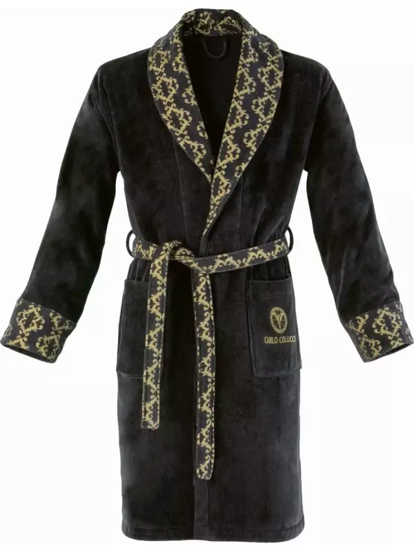 CARLO COLUCCI мужской халат Raffaele (1 шт.), золотистые велюровые жаккардовые детали на рукавах, воротнике и поясе, черный