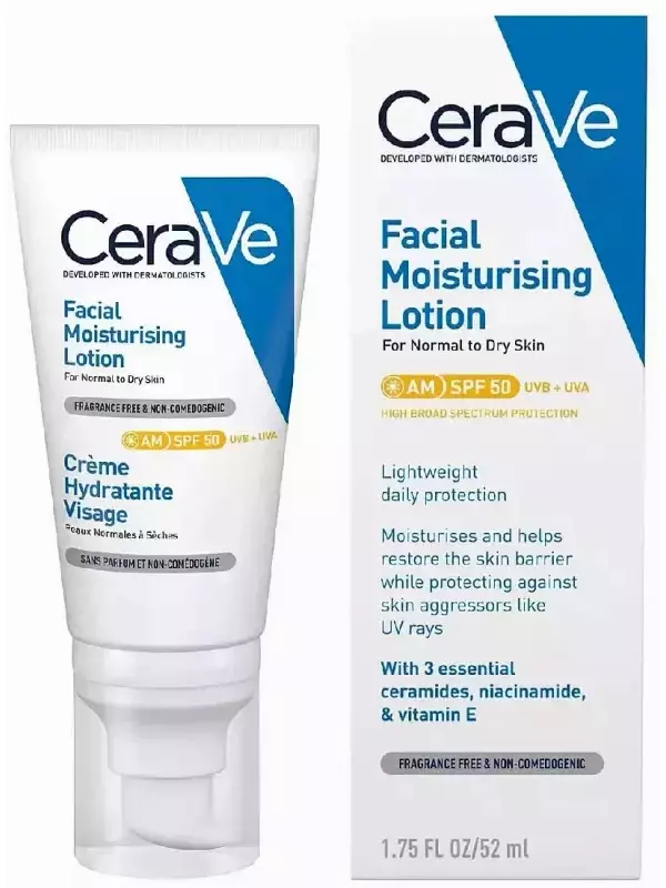 AM Увлажняющий лосьон для лица SPF50 для нормальной и сухой кожи 52 мл Cerave