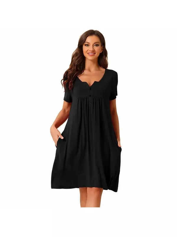 Женская пижама с мягкими пуговицами и карманами, ночная рубашка с короткими рукавами для отдыха Cheibear, черный