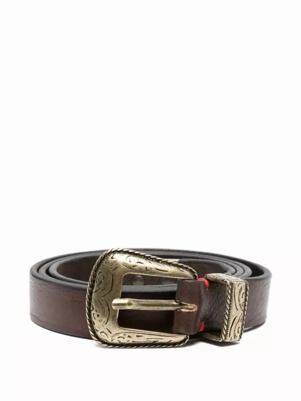 Кожаный ремень с гравированной пряжкой Eleventy, коричневый
