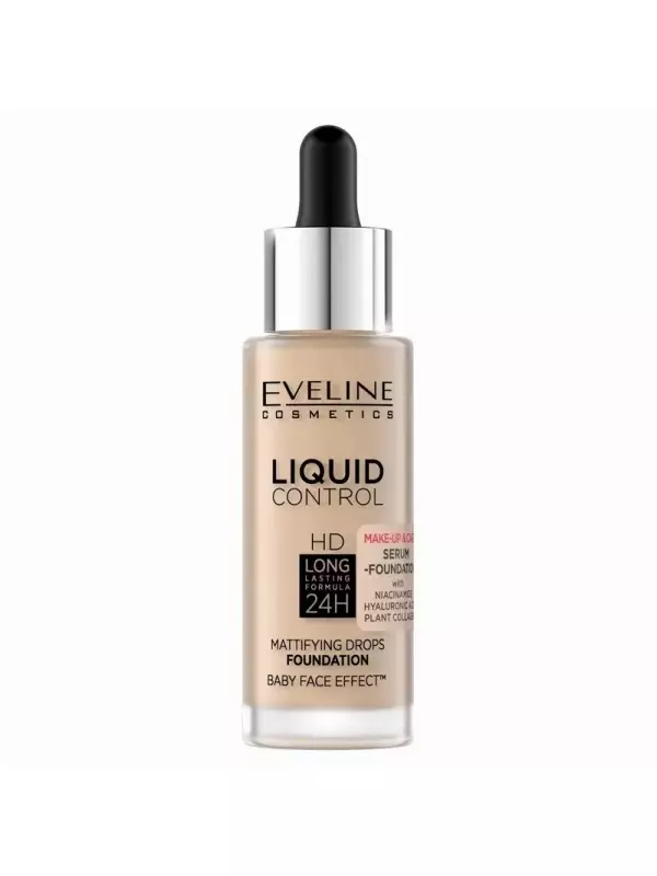 Eveline Cosmetics, Тональный крем для лица Liquid Control HD Long Lasting Formula 24H с капельницей 015 Light Vanilla, 32 мл