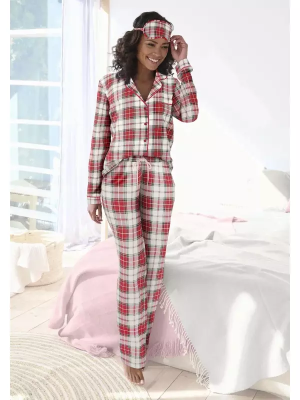 Пижама LASCANA (3 шт., включая спальную маску), цвет Weiß-Rot Kariert