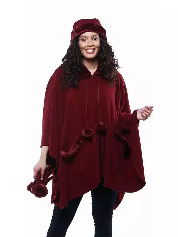 Женский комплект из флисового пончо и перчаток Linda Anderson Le Moda с отделкой из искусственного меха и помпонами Linda Anderson