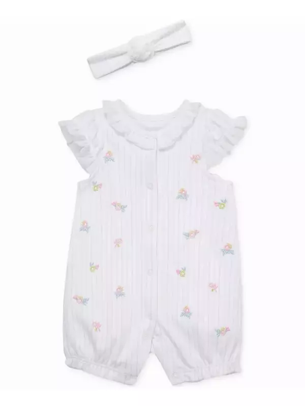 Комплект для девочек: вышитый хлопковый комбинезон и повязка на голову (2 предмета) Little Me, белый
