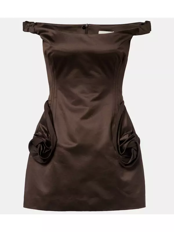 Бюстье-платье из сатина с цветочными аппликациями Magda Butrym, коричневый