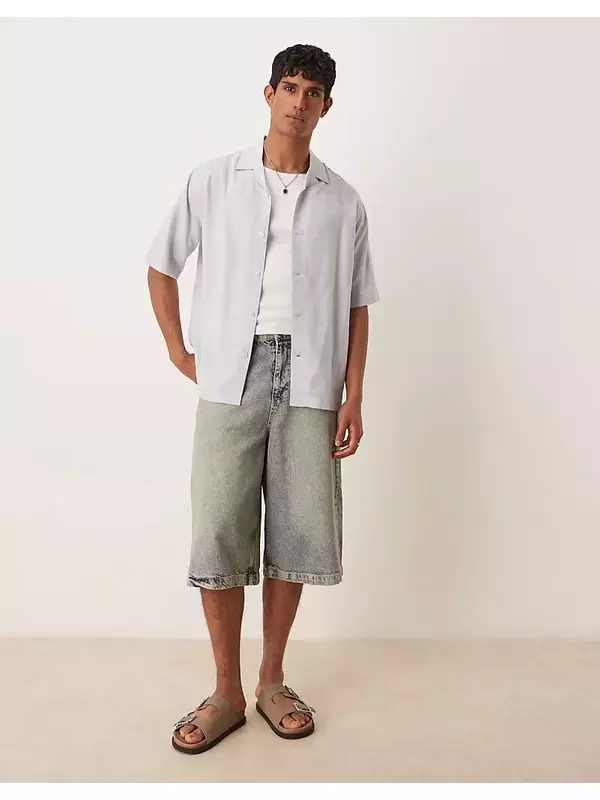 Рубашка с короткими рукавами из смеси льна Mango нежно-голубого цвета