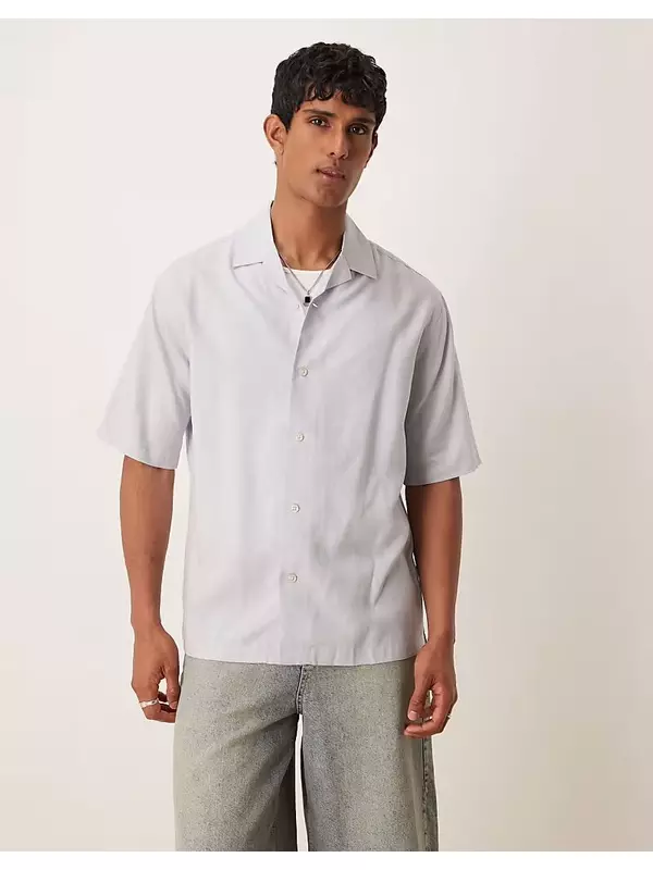 Рубашка с короткими рукавами из смеси льна Mango нежно-голубого цвета