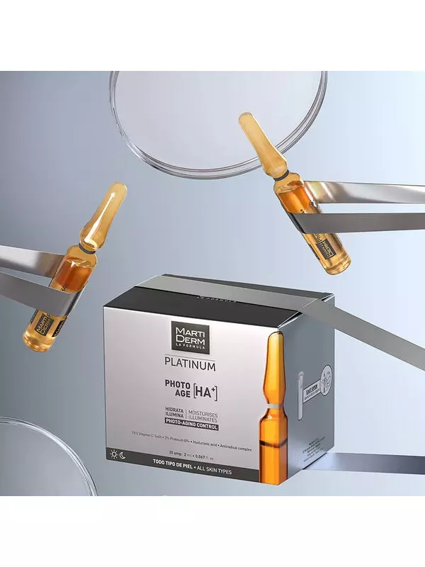 Увлажняющая и осветляющая сыворотка для лица в ампулах, 30x2 мл/1 упаковка. Martiderm Platinum photo ahe ha+