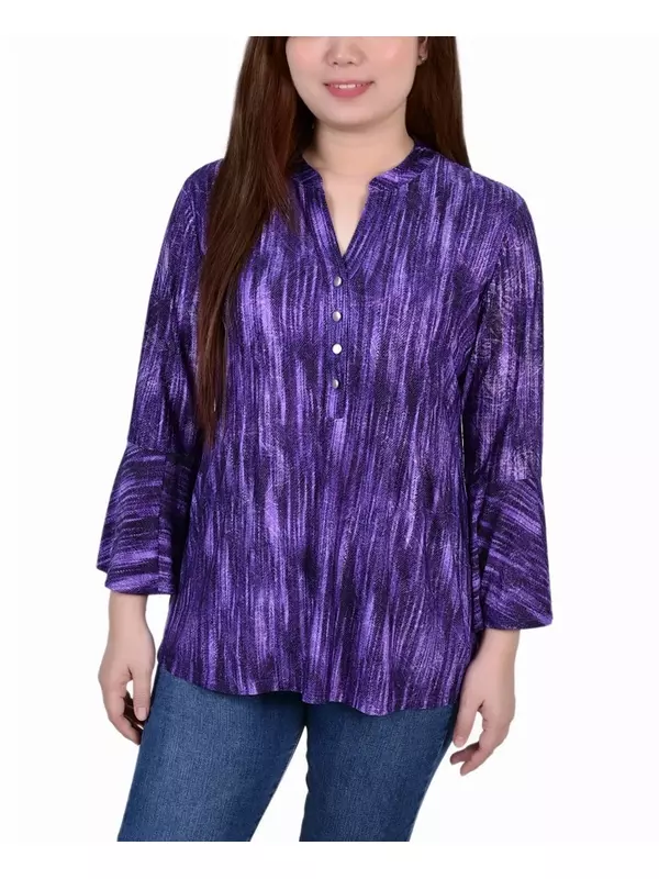 Женский топ с расклешенными рукавами 3/4 и складками спереди и y-образным вырезом NY Collection, мульти