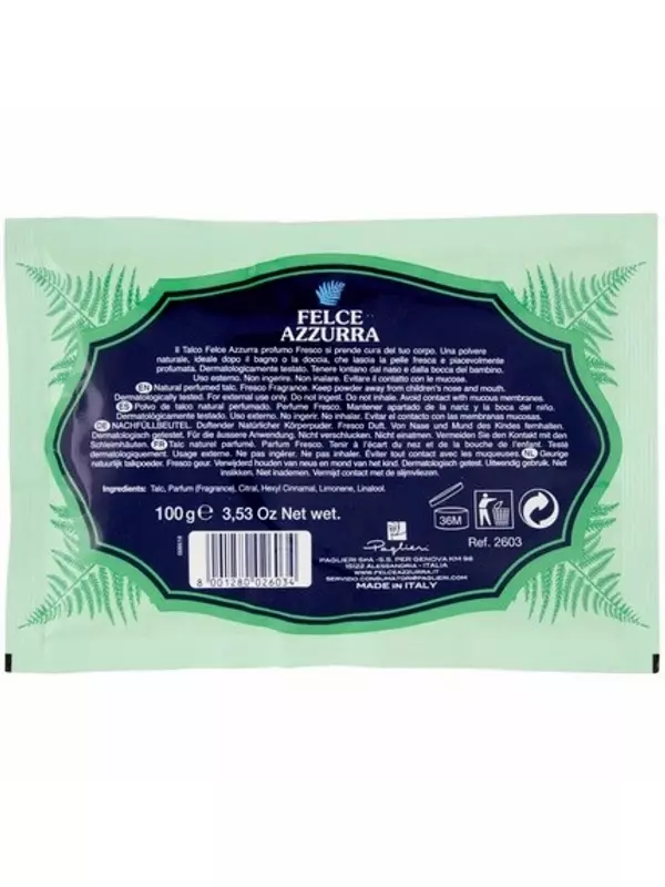 Felce Azzurra Fresco Пудра для тела с тальком, сменная упаковка 100 г, Paglieri