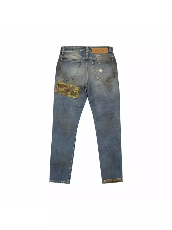 Прямые джинсы Palm Angels с изогнутыми нашивками в виде пальм, цвет Синий