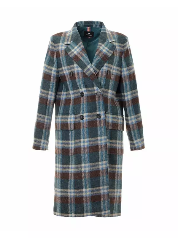 Двубортное длинное пальто в зеленую клетку Paul Smith