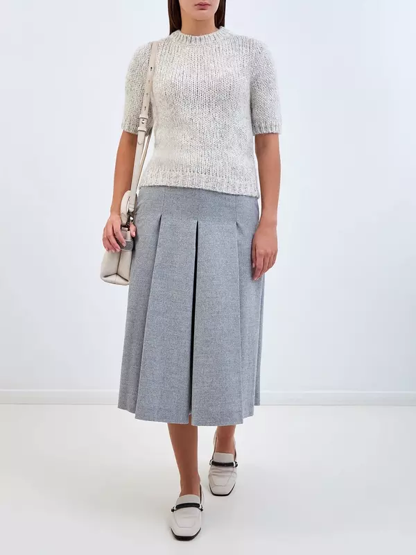 Расклешенные кюлоты из тонкой шерстяной ткани с кожаной деталью