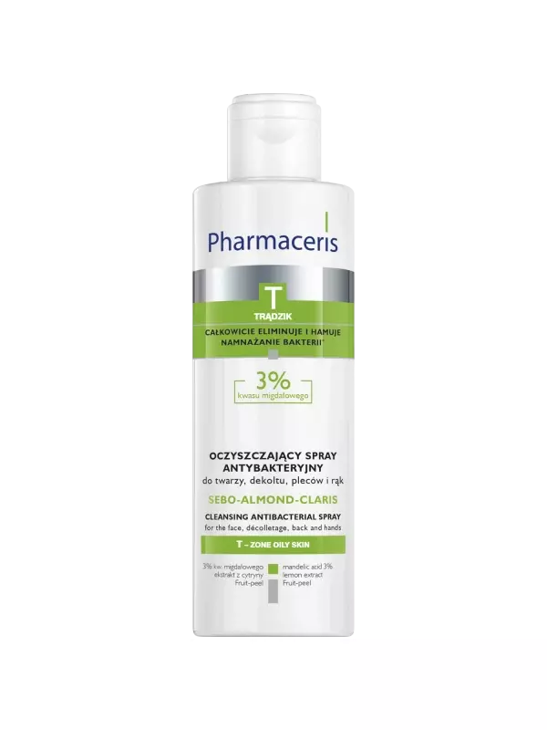 Pharmaceris T Sebo-Almond-Claris бактериостатический очищающий флюид для лица, зоны декольте и спины, 3% миндальная кислота, 190 мл