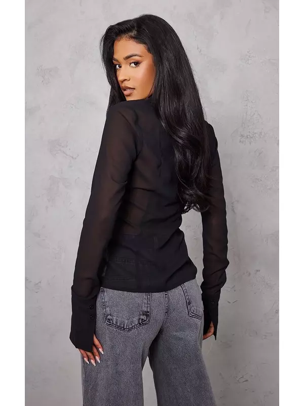 PrettyLittleThing Высокая черная блузка с пуговицами в сетку спереди