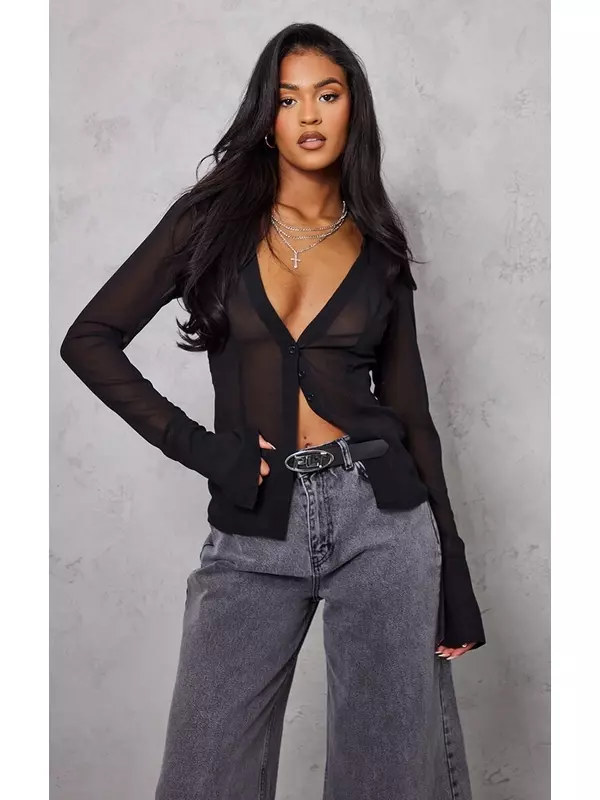 PrettyLittleThing Высокая черная блузка с пуговицами в сетку спереди