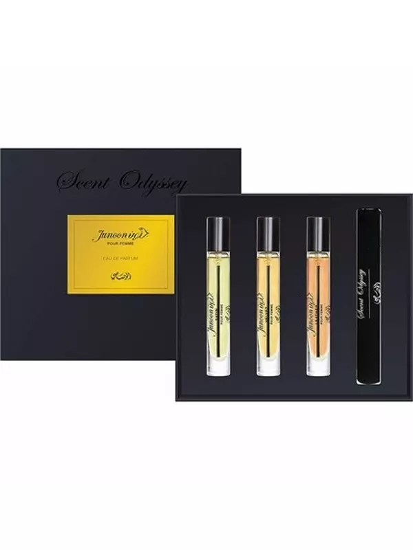 Junoon Pour Femme Collection Scent Odyssey EDP 7,5 мл — набор из 3 штук атласной бархатной кожи от Rasasi