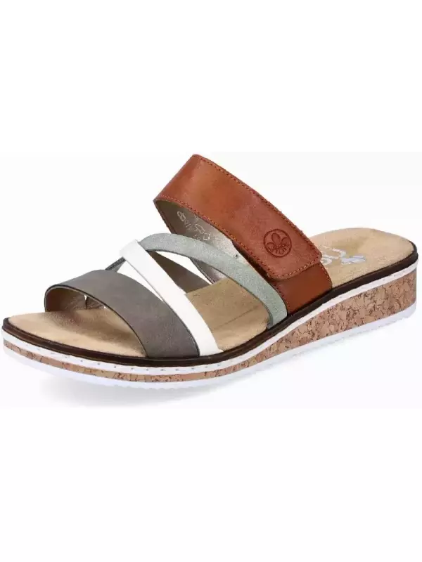 Мюли Rieker, танкетка, летняя обувь, тапочки на липучках, цвет Cognac-Mint-Offwhite-Olivgrün