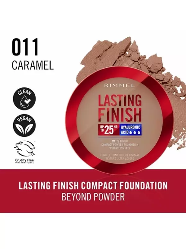 Устойчивая основа 25 HR Compact Foundation 011 Caramel Matte Регулируемое покрытие Пудра-крем Защита от загрязнений SPF 20 Гиалуроновая кислота Водостойкая Скрывает недостатки Rimmel