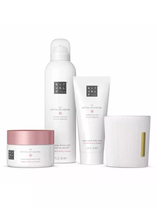 Rituals The Ritual Of Sakura Средний подарочный набор 2024 г.: Пенящийся гель для душа 200 мл. + Крем для тела 100мл. + Скраб для тела 125г. + Ароматизированный Ca