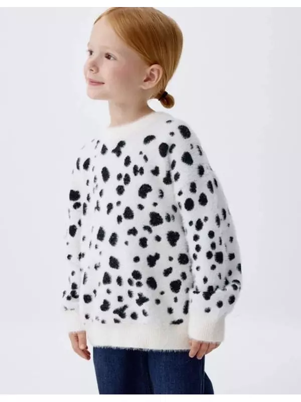 Пушистый джемпер оверсайз с принтом для девочек