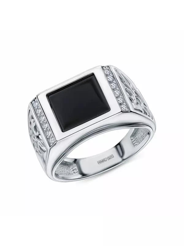 Серебряное кольцо с фианитами и ониксами имитациями