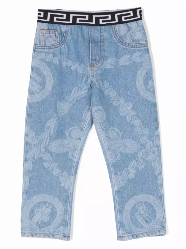 Джинсы с принтом Greca Versace Kids, синий