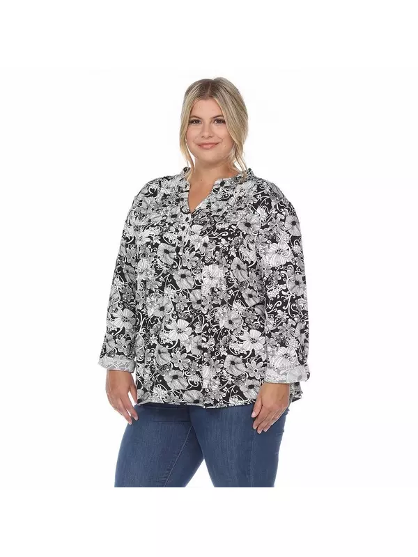 Ps Плиссированная блузка с длинными рукавами и цветочным принтом WM Fashion, черный