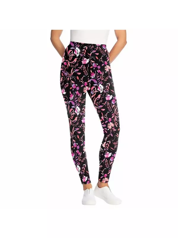 Женщина в женских леггинсах из эластичного хлопка с принтом больших размеров миниатюрных размеров Woman Within, цвет Black Multi Florals