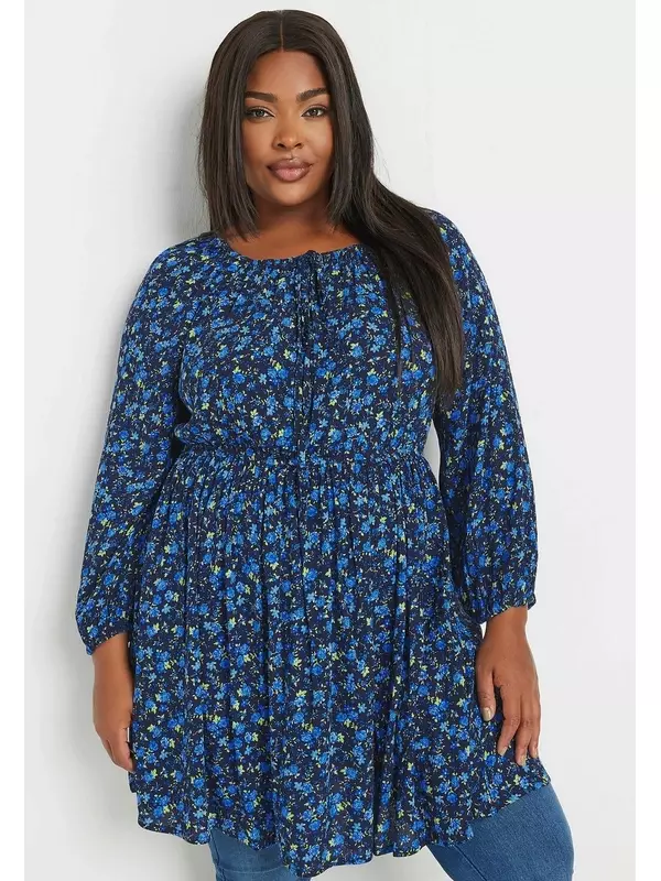 Туника FLORAL CRINKLE TIE NECK Yours Clothing, синий